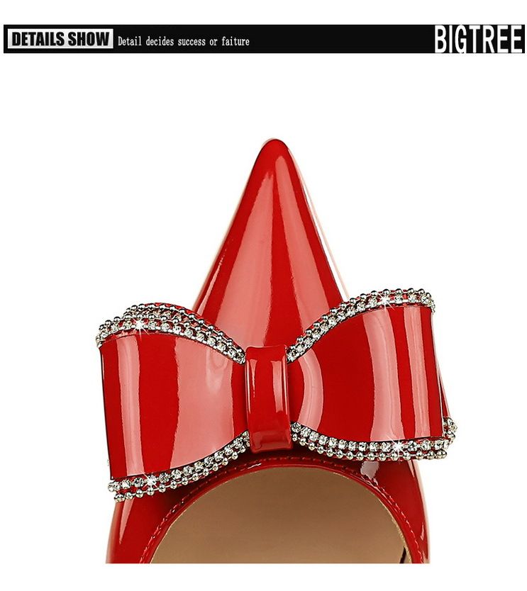 638-AH35 Modische Bankettschuhe für Damen mit hohen Absätzen, flacher Öffnung, spitzer Zehenpartie, Lackleder-Seitenluft, Diamantschleife_voghion.com