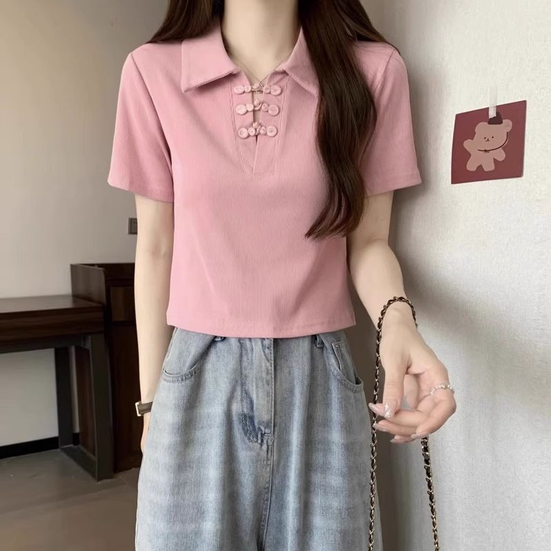 New buckle Chinese style sleeved T-shirt for women in summer 2024, covering the belly and showing off thinness, short_voghion.com