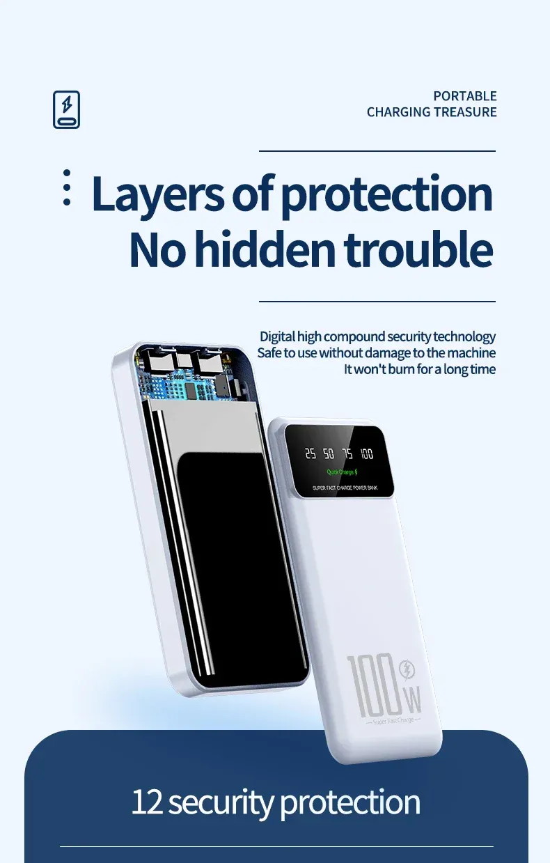 Batterie externe portable 100 W ultra-rapide avec éclairage LED, 30 000 mAh, haute performance, affichage numérique, pour iPhone et Huawei_voghion.com