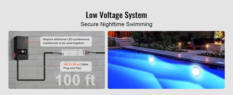 VEVOR 12V LED Pool Light, 10 Inch 40W, RGBW Color Changing Inground Swimming Pool Spa Light Underwater, With 100 FT Cord Remote Control, Fit For 10 In Large Wet Niches, IP68 & Tested To UL Standards_voghion.com