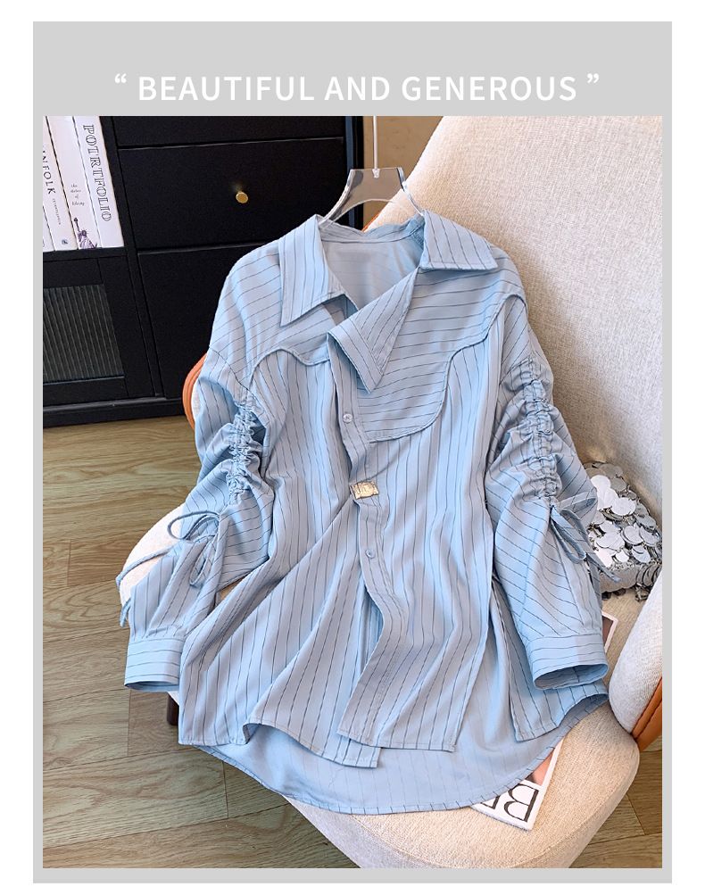 Women's Clothing Striped Drawstring Shirt Design Niche Lazy Style Loose Beautiful Long Sleeved Shirt_voghion.com
