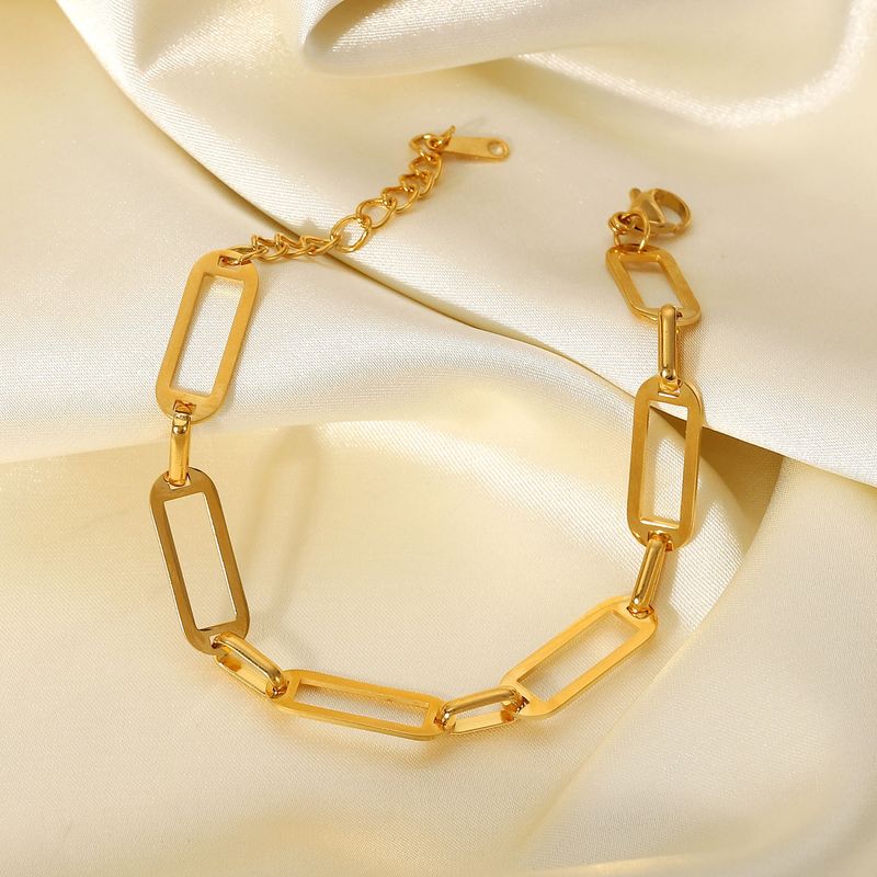 Exquisita pulsera de cadena rectangular de acero inoxidable con baño de PVD dorado y corte manual, joyería para mujer._voghion.com