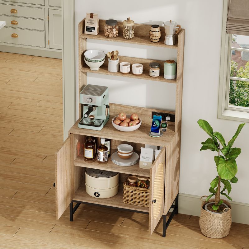 Moderner Buffet-Schrank Mit Eichenholzdekor,Rattan-Doppeltür Mit Stauraum,Mit USB&220V Steckdose,Offene Ablagen,Kippschutz,Für Küche&Wohnzimmer_voghion.com