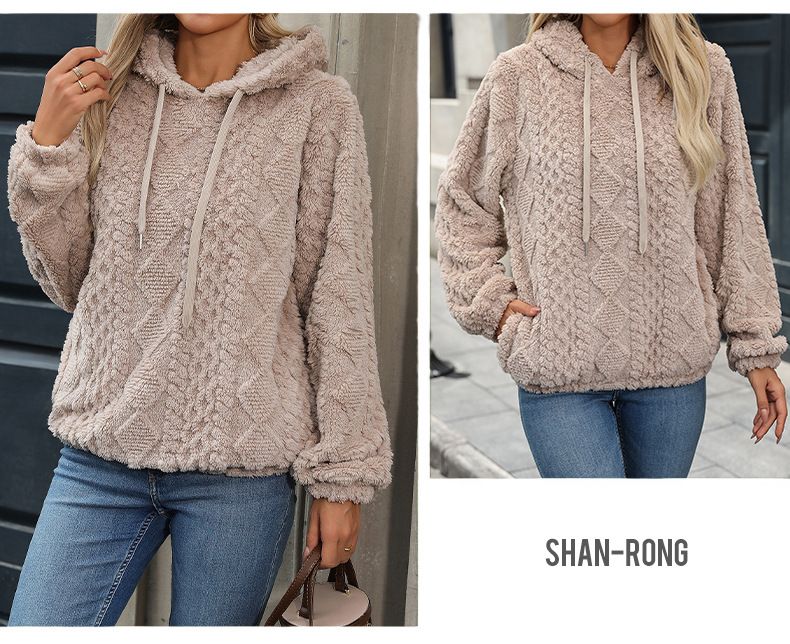 Flash Velvet 2024 Autumn And Winter New Women's Clothing Plush Jacquard Fabric Long Sleeved Loose Hooded Sweatshirt_voghion.com