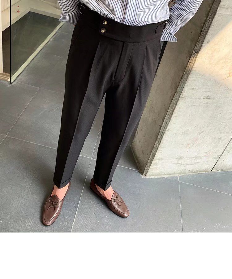 Herrenbekleidung Einfarbige Neun-Punkt-Hose mit hoher Taille Temperament Lässige Business-Hose mit italienischen Pariser Knöpfen Herrentrend_voghion.com
