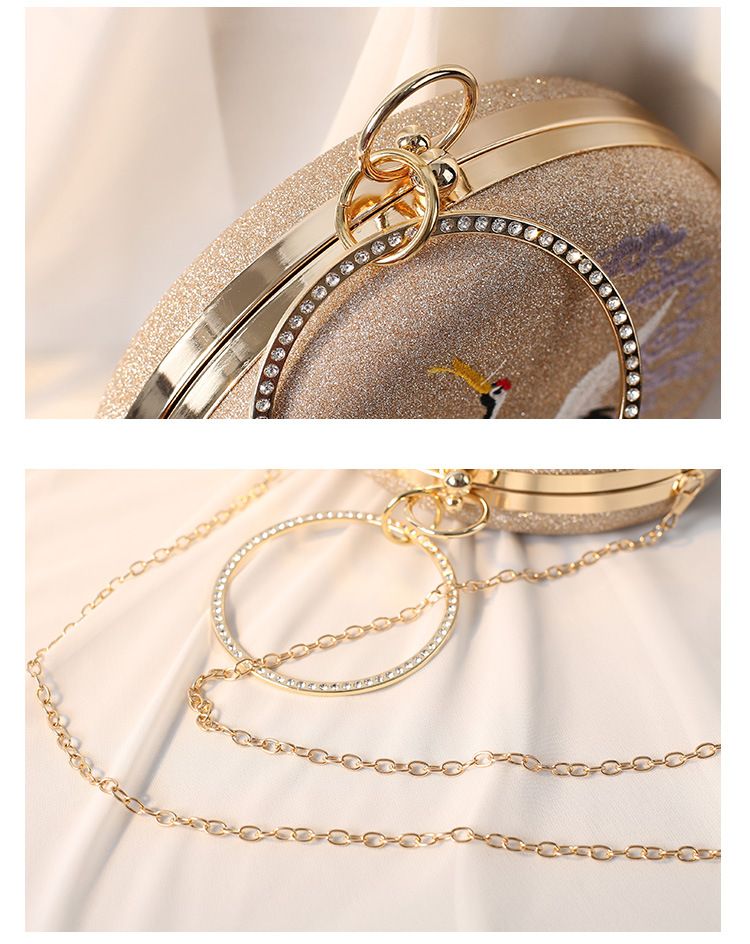 Pochette de soirée ronde de luxe vintage brodée de grues – Cuir synthétique avec doublure satinée, fermeture à cadenas et bandoulière amovible_voghion.com