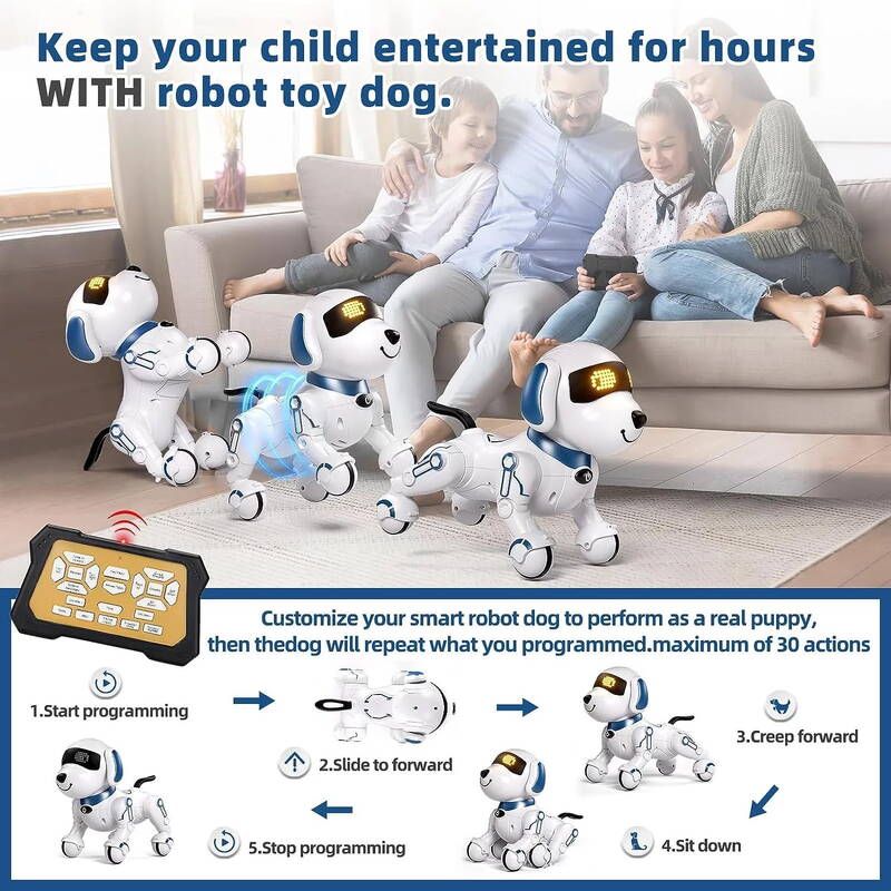 BEEPRINCESS Robot Dog, Smart Programmable RC Electronic Pet Puppy With Early Education Function, White/Blue_voghion.com