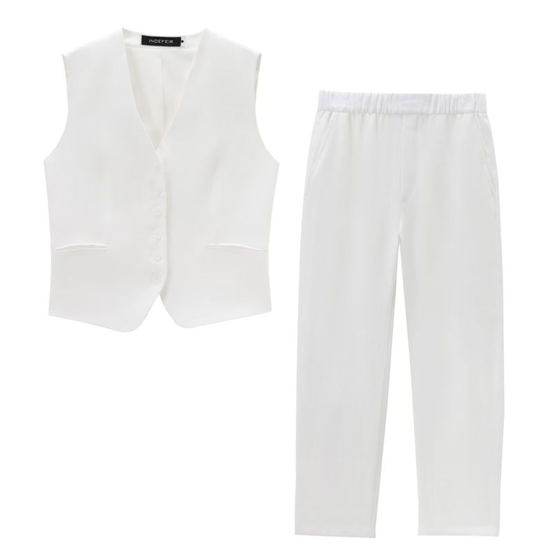 Pijama de lino estilo chaleco para mujer, novedad de verano de 2024, pantalones tipo traje_voghion.com