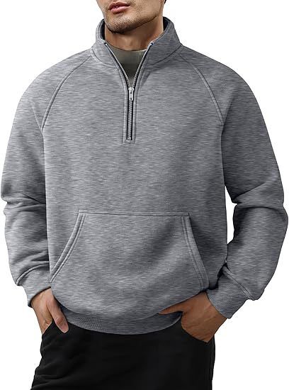Herrenbekleidung Fleece-Kapuzenpullover mit Stehkragen und halbem Reißverschluss – Locker geschnittenes Langarm-Sweatshirt für den Winter (Weiß, Schwarz, Grau, Marineblau, Kamel)_voghion.com