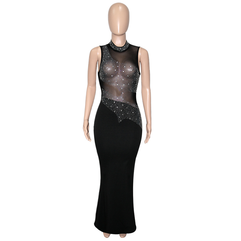 Damenbekleidung sexy durchsichtiges ärmelloses Kleid mit Strasssteinen Damen-Nachtclub-Abendkleid_voghion.com