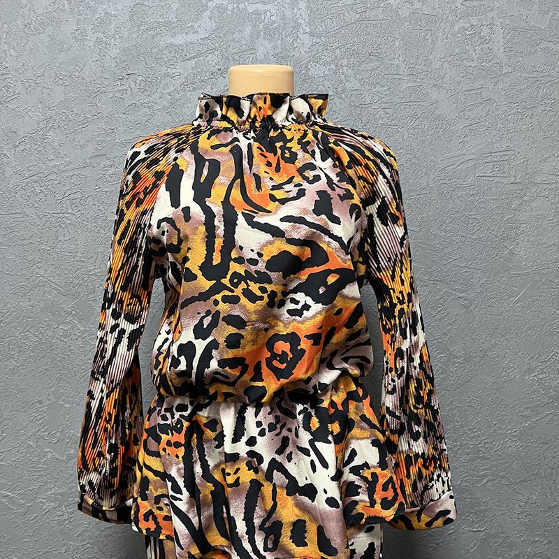 Women's Clothing digital printing lantern long sleeved pleated waist comfortable top with trousers set clearance_voghion.com