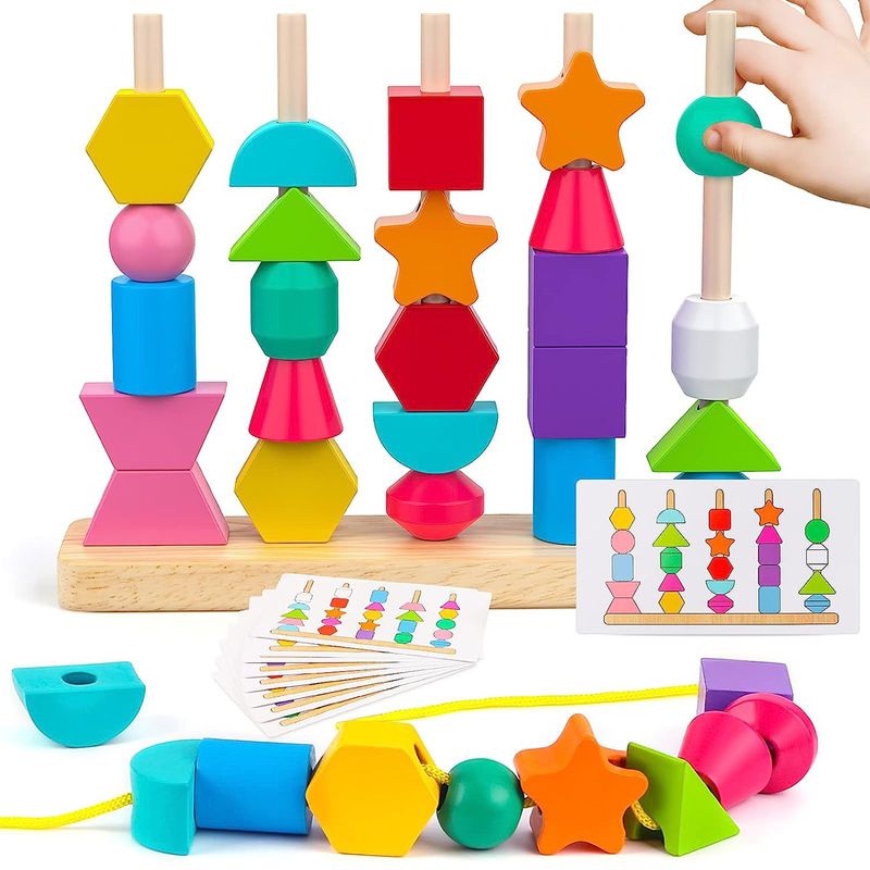 Montessori mediniai karoliukai, sekos žaislas, kaladėlės, raištelių karoliukai ir atitinkančių formų rišimo įrankis, Montessori mokymosi žaislai, dovanos_voghion.com
