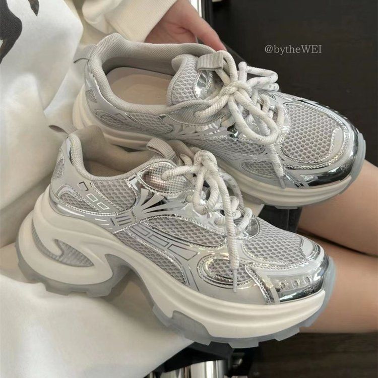 Chaussures argentées à semelles épaisses pour femmes, baskets décontractées respirantes en maille, tendance et augmentant la hauteur, été 2024_voghion.com