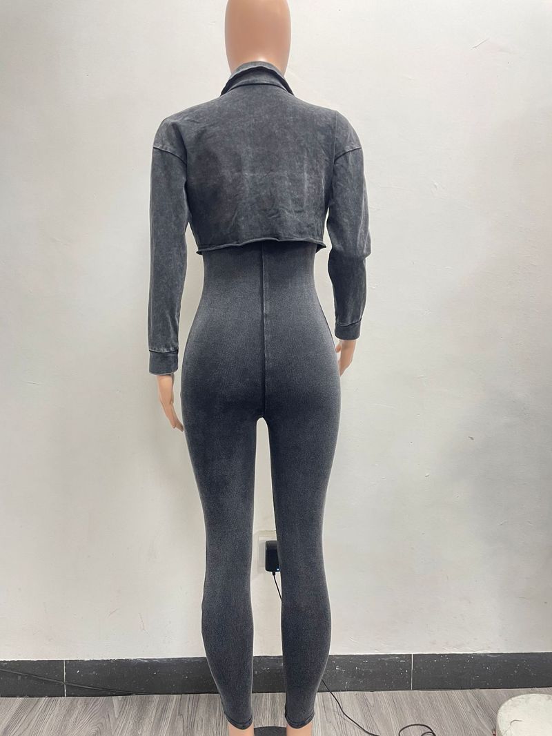 Combinaison deux pièces décontractée délavée à l'acide pour femme, couleur frite, effet vieilli_voghion.com