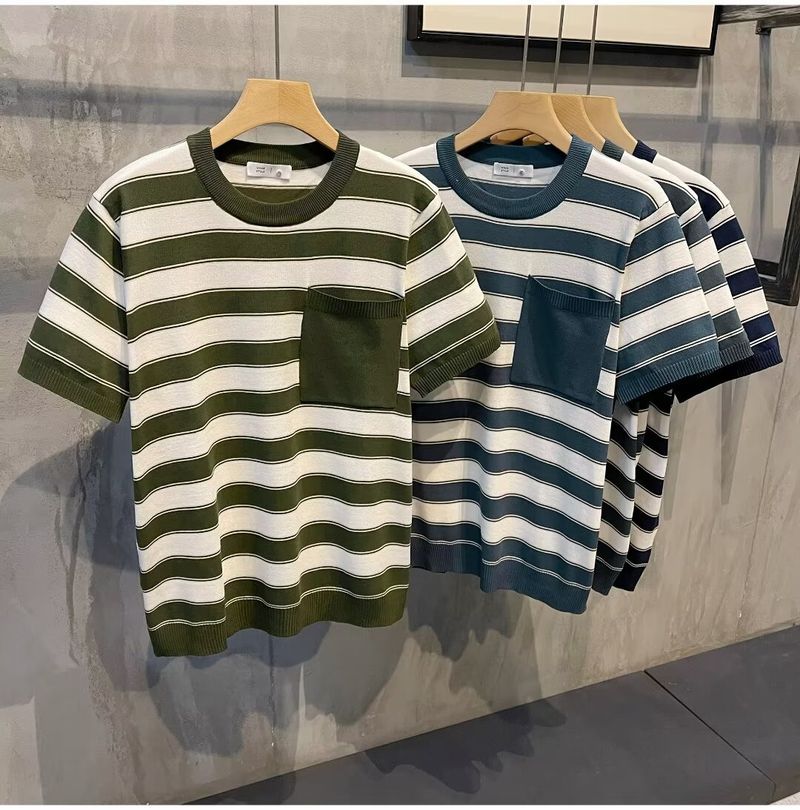 Herrenbekleidung Rundhals-Streifenpullover Herren Kurzarm-T-Shirt Tops Herren 2024 Sommer neues Design lässig vielseitig_voghion.com