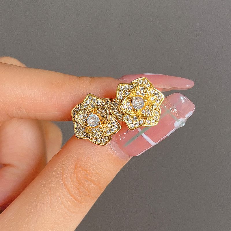 Cao Shi's New Delicate Camellia Series High Grade Light Luxury Flower Zircon Earrings Female_voghion.com