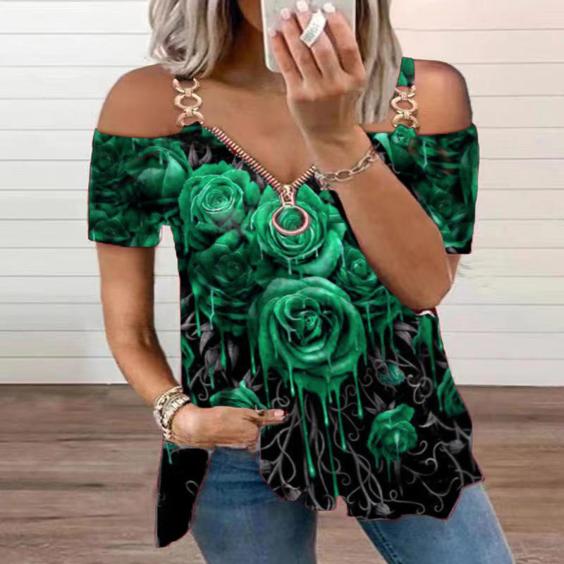 T-shirt da donna con cerniera rosa pullover a maniche corte stampata con scollo a V e spalle scoperte_voghion.com