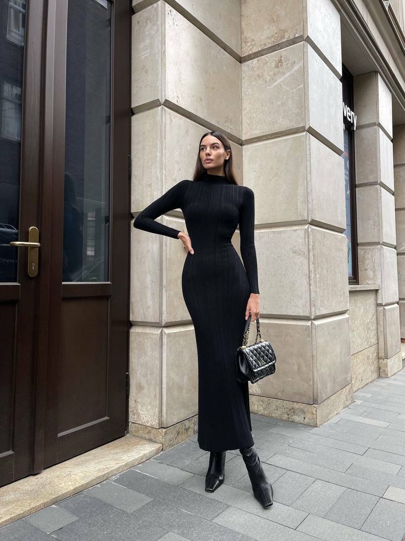 Women Elegant Long Sleeve Knitted Maxi Dress High Neck Bottoming Striped Sweater Slim Long Dress Bodycon Party Club Streetwear_voghion.com