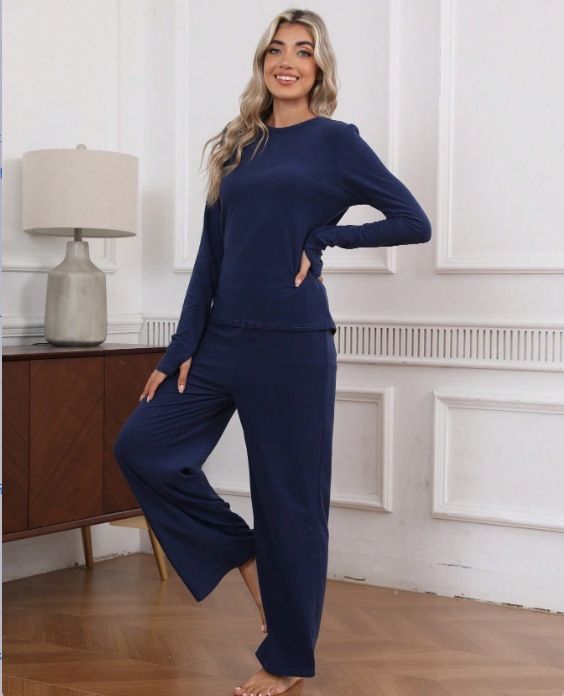 2025 Lente Zwarte Melk Zijden Ronde Hals Dames Homewear Zachte Comfortabele Rekbare Pyjama Tweedelig Set_voghion.com