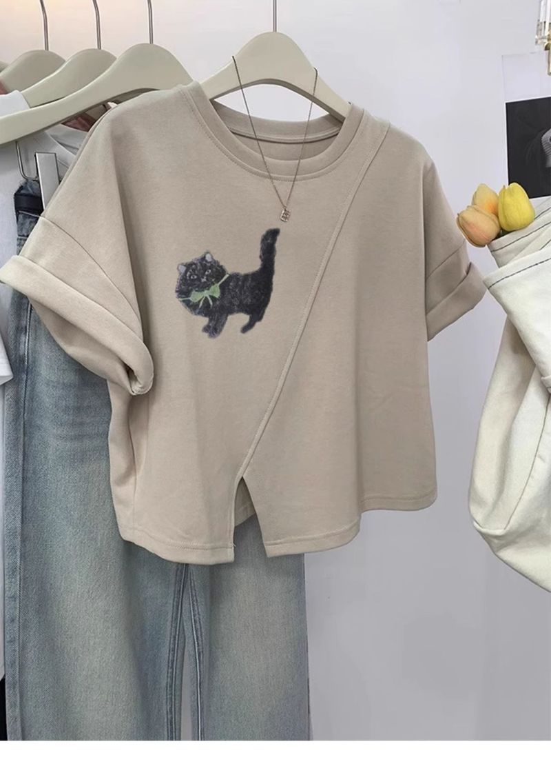 Tricou pentru femei cu mânecă scurtă din bumbac pur și imprimeu pisică, top scurt neregulat de vară pentru femei_voghion.com