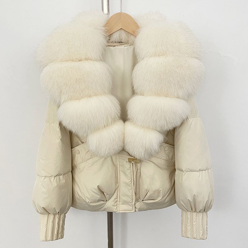 Luxury Oversized Fox Fur Trim Short Down Jacket For Women - Winter Warm Coat With Detachable Hood, 90% White Duck Down, Loose Fit, Stylish_voghion.com