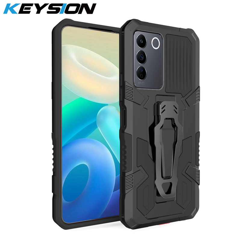 KEYSION odporny na wstrząsy futerał na zbroję do VIVO V27 5G V27e V25 miękki silikon + PC metalowy stojak z klipsem na tył etui na telefon do VIVO V25 5G V25e_voghion.com
