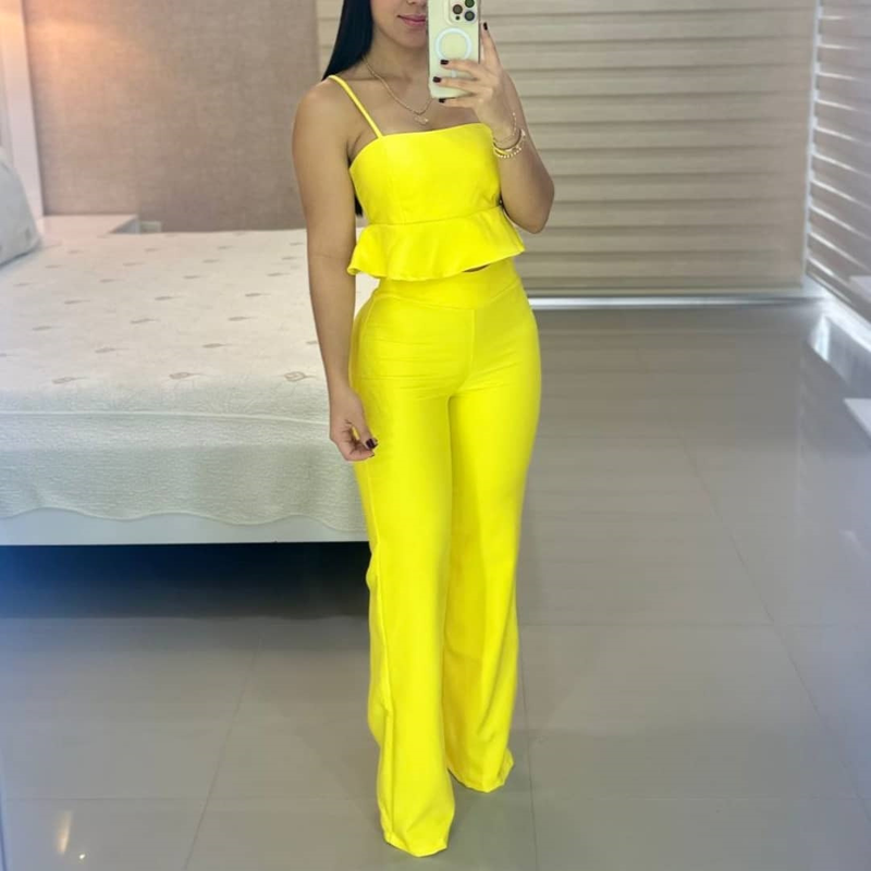 Women's 2023 new bandeau suspenders ruffle hem high waist straight trousers fashion casual suit_voghion.com