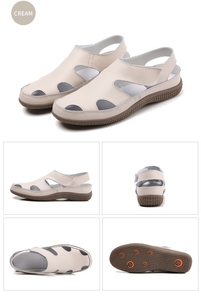 Sandalias de verano de piel auténtica para mujer, cómodas, con punta redonda y suela blanda hueca para mujer_voghion.com