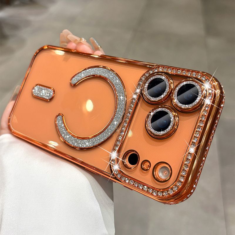 NEW Orange Luxury Sparkle Diamond Transparent Magnetic Case For IPhone 17 16 15 14 13 ProMax 17Air Full Lens Coverage Soft Cover_voghion.com