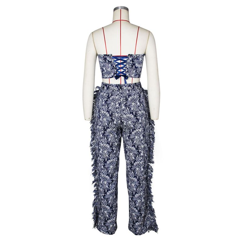 Sexy kanten tubetop met kwastjes, lange broek en jacquard-modeset voor dames_voghion.com