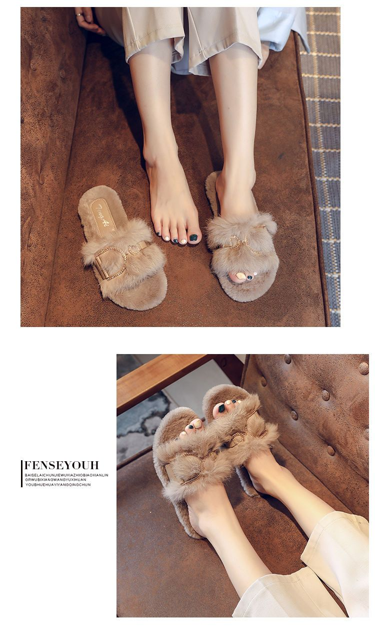 True Rabbit Hair For Female Outwear 2024 Spring And Autumn New Internet Celebrity Fairy Home Flat Bottom Cotton Slippers_voghion.com