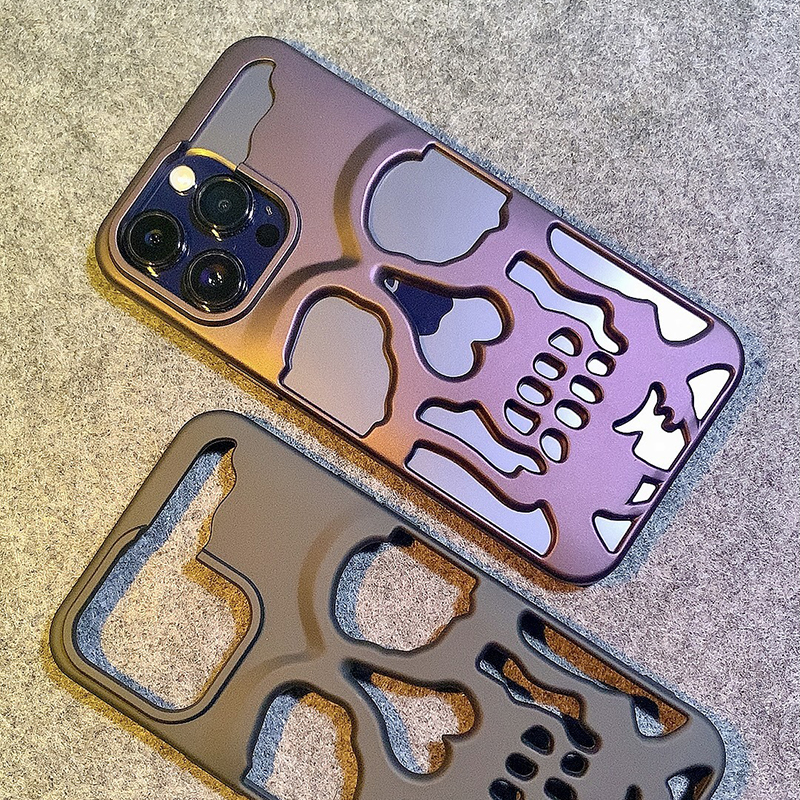 Luxus Matte Plating Metallic Farbe Aushöhlen Schädel Hard Case Für iPhone 14 13 12 11 Pro Max 14 Plus Mode stoßfest Abdeckung_voghion.com