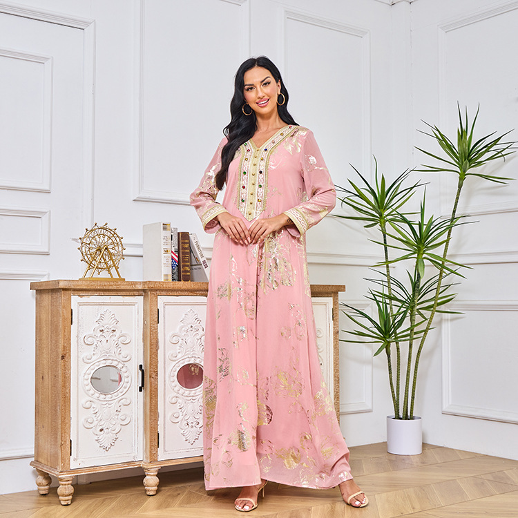 Mt085 Spring New Muslim Hot Stamped Fashion Robe With Belt Pink Dress_voghion.com