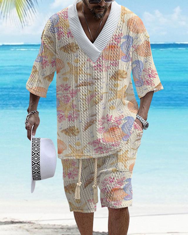 Completo da uomo con pantaloncini a maniche corte in maglia, di grandi dimensioni, con stampa a quadri e spalle cadenti_voghion.com