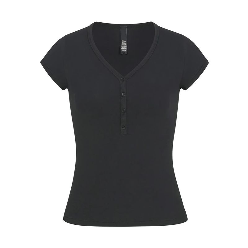 Damenbekleidung Neues Vintage-Sommer-Kurzarm-T-Shirt aus reiner Baumwolle mit Knopfleiste und V-Ausschnitt_voghion.com