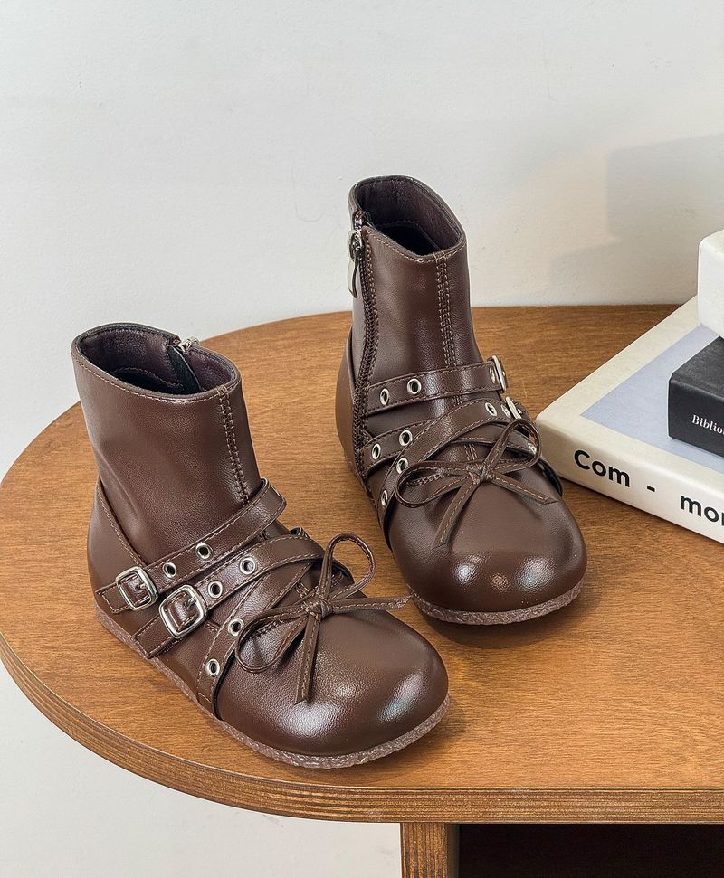 ShoeGlobe Herbst 2025 Neue Kinderschuhe Koreanische Kinder Retro Schleife Punk Stil Mädchen Kurze Stiefel_voghion.com