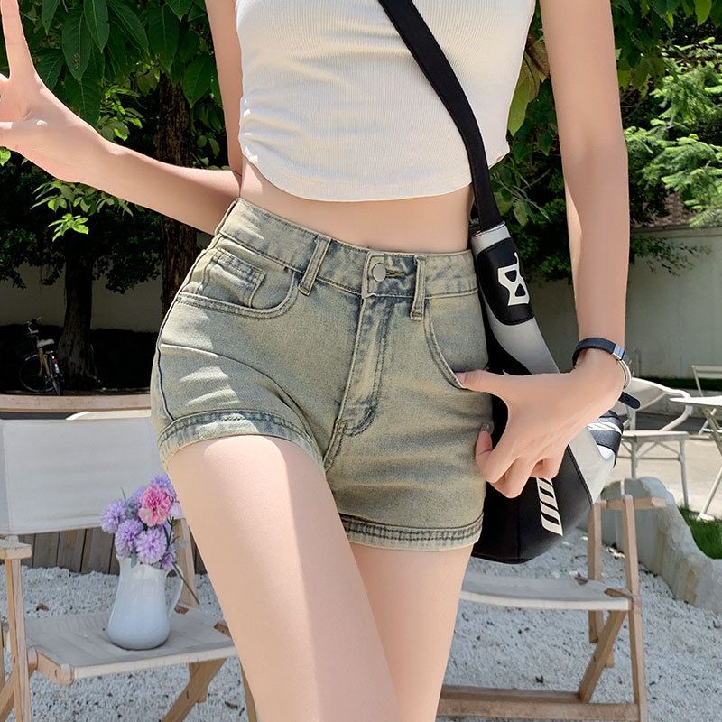 Dámské letní džínové kraťasy z bláta, s vysokým pasem a úzkým střihem, s elastickými kapsami a zipem, vhodné na Instagram_voghion.com