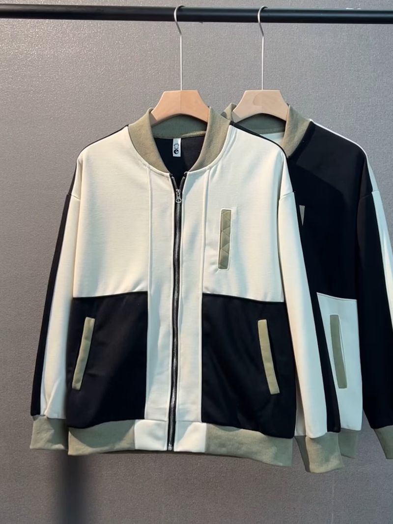 "Japanese-Inspired Men's Contrast Trim Zip-Up Jacket – Oversized Fit, Black/Grey/Apricot (M-3XL)"_voghion.com