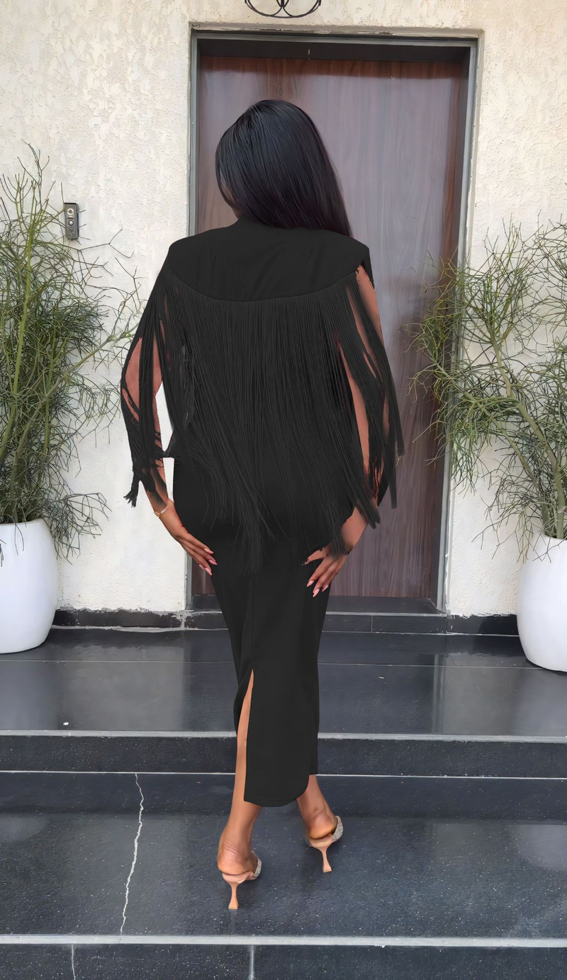 Women's fringe shawl temperament one-step slim-fit pencil dress_voghion.com