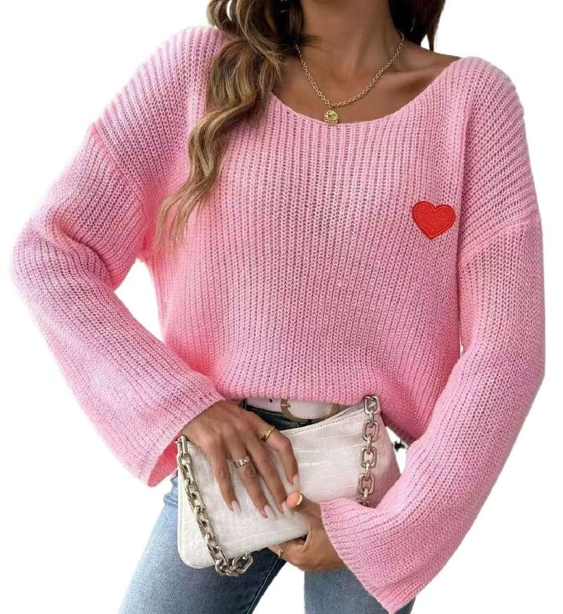 Women's Oversized Valentine's Day Love Embroidery Off-Shoulder Sweater - Cozy Casual Pullover With Heart Applique_voghion.com