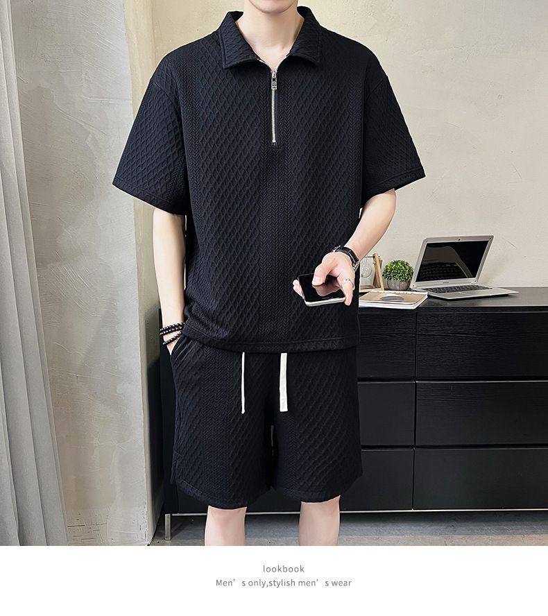 "Men's Ice Silk Sports Suit Light Luxury Polo Shirt With Half Zipper, Loose Fit Short Sleeve T-Shirt Set Casual Outfit For Gym_voghion.com