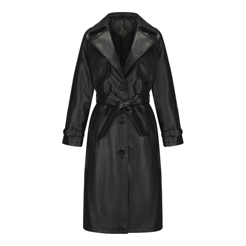 Trench lungo e largo in PU, classico oversize, con colletto rovesciato, da donna, in pelle, primavera e autunno_voghion.com