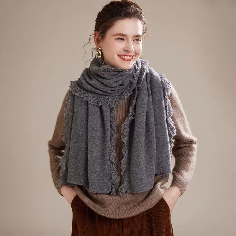 Manufacturer Wholesale Skin-Friendly Soft 100% Australian Wool Knitted For Women Warm Tassel Ruffle Shawl Scarf_voghion.com