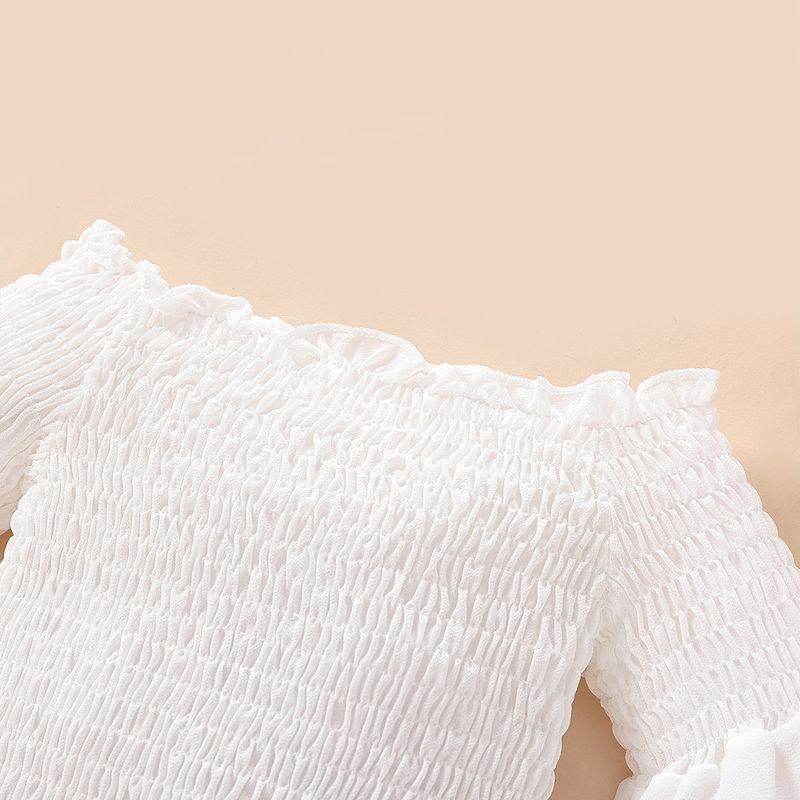 Grenzüberschreitende Kinderkleidung für Kinder im Frühlings- und Sommerstil, modischer Chiffon-One-Shoulder-Trompetenärmel-Top-Jeansrock-Mädchenanzug_voghion.com