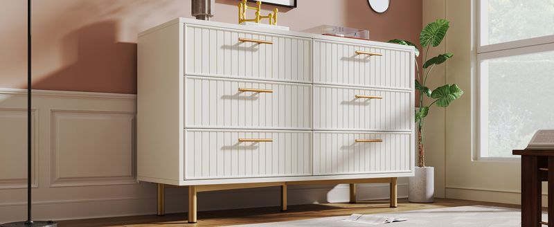 Commode 6 tiroirs, meuble haut blanc pour chambre et salon, 75 x 120 x 40 cm_voghion.com