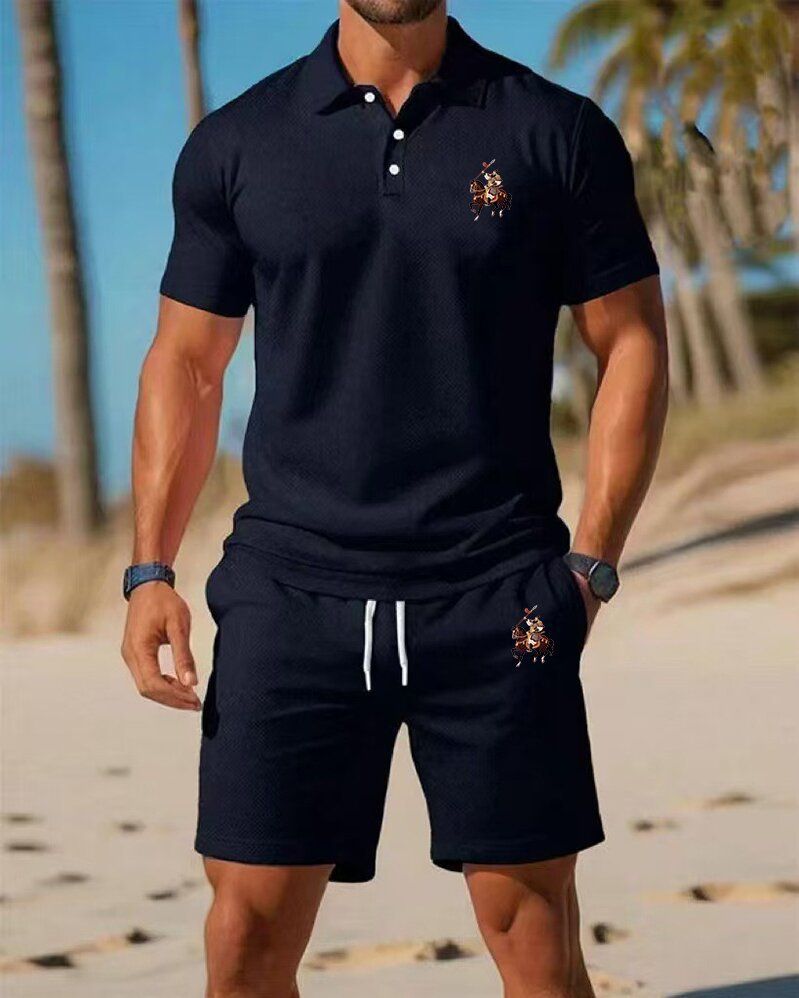 Men's Summer Slim-Fit Polo Shirt & Shorts Set - Breathable Mesh Short Sleeve Embroidered Casual Outfit (White/Navy/Orange/Black/Red/Teal/Army Green_voghion.com
