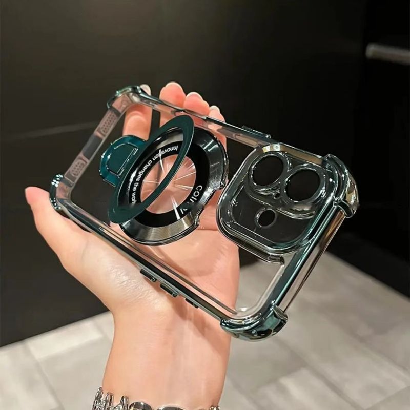 Galwanizowane etui magnetyczne z podstawką do iPhone'a 16 Pro Max/15 Pro - 4-rogowa, odporna na wstrząsy przezroczysta obudowa ze wbudowaną podstawką_voghion.com