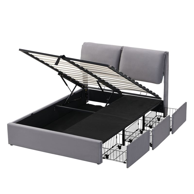 Cadre de lit coffre hydraulique rembourré en velours avec 3 tiroirs, sommier à lattes, tête de lit, 140 x 200 cm, gris, matelas non inclus_voghion.com