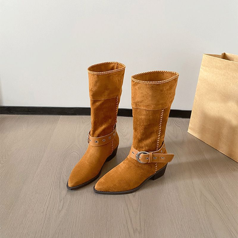 Suede Western 1 For Women New Autumn Northwest Style Slouch With Belt Buckle Pointed Toe Chunky Heel Travel Boots_voghion.com