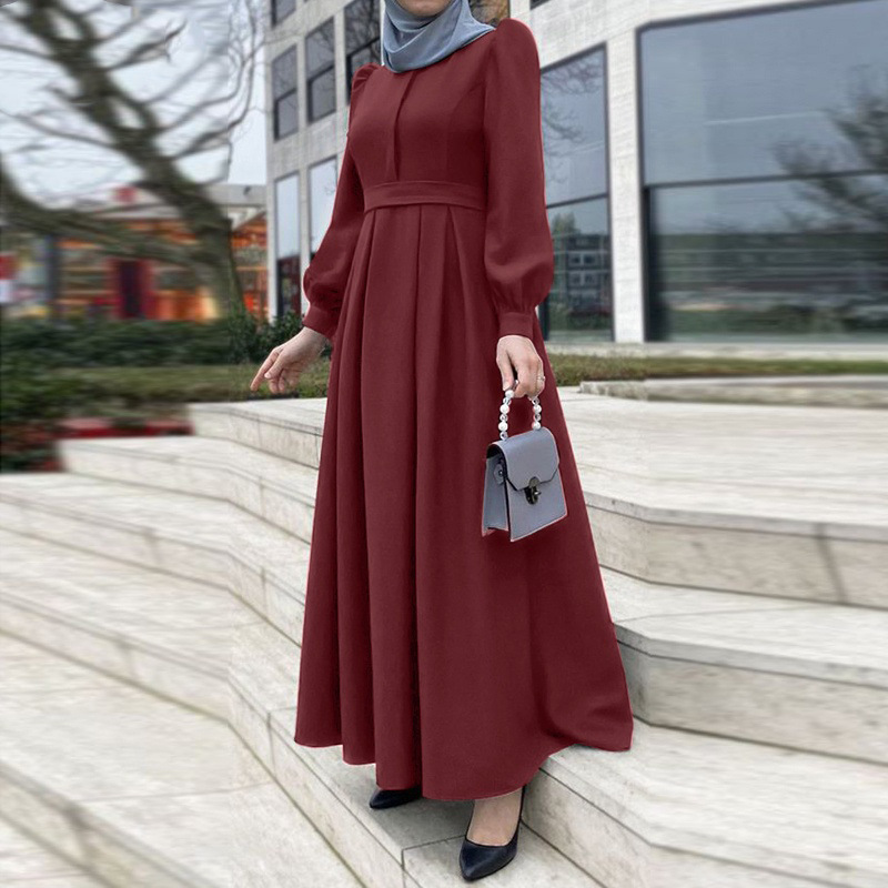 Damklänning Plus Size Klänning Puffärm Rundhals Enfärgad lång kjol Robe Klänning_voghion.com